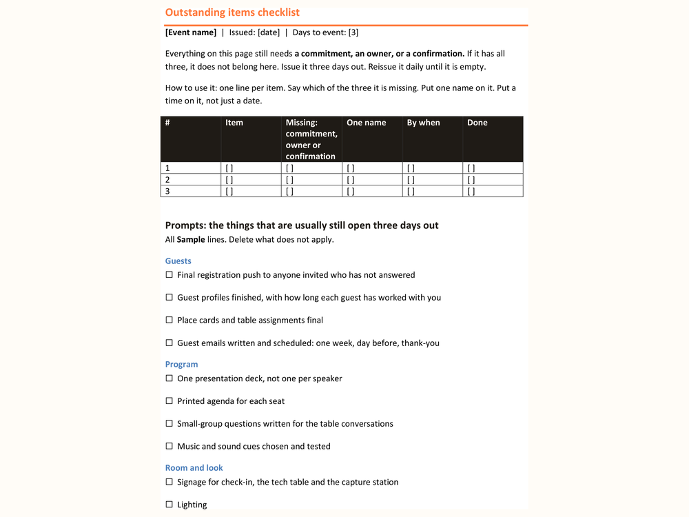 The Outstanding Items Checklist in Word, showing the tracking table and the Guests and Program prompt sections.