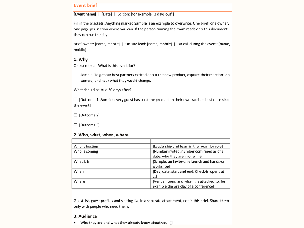 The Event Brief Template in Word, showing the Why section and a Who, What, When, Where table filled with sample placeholder text.