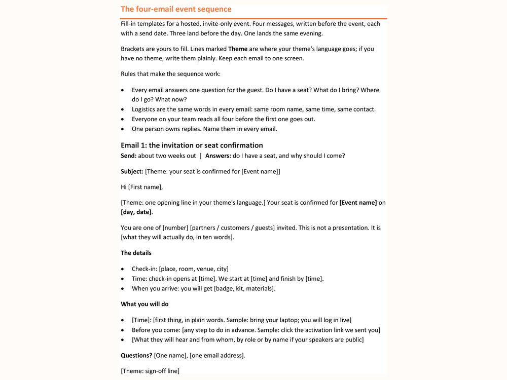 The four-email event sequence document in Word, showing the intro rules and the start of Email 1, the invitation.