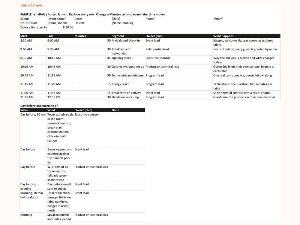 The Run of Show spreadsheet, showing a timed sample schedule with segment, owner, what the guest leaves with, AV cue and fallback columns.