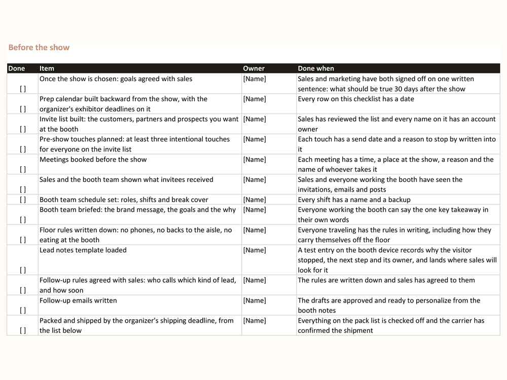 The Trade Show Checklist spreadsheet, showing the Before the show tab with Done, Item, Owner and Done when columns, ready to fill in.