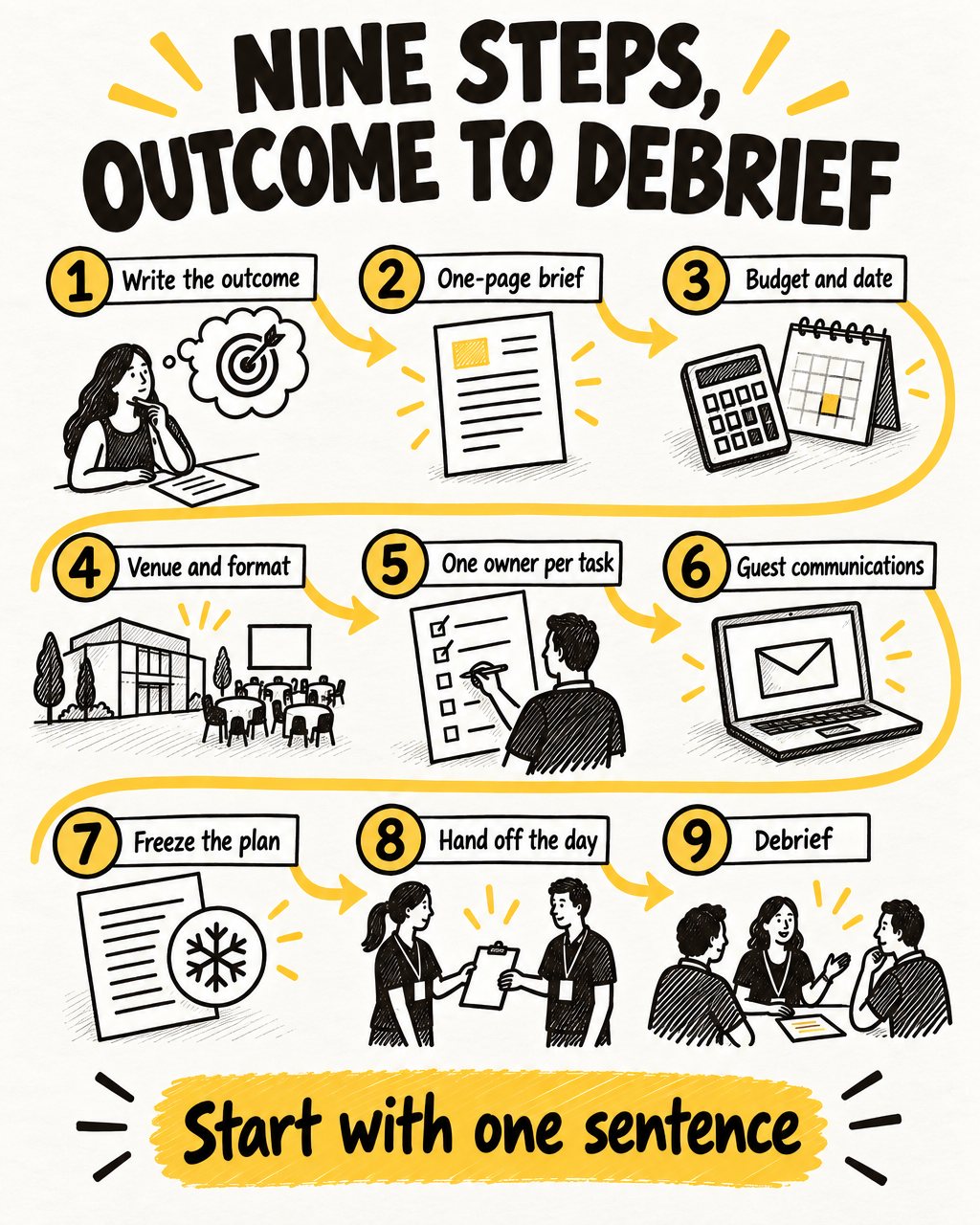 Nine steps to plan a corporate event, drawn as one path from the outcome to the debrief: write the outcome, put the plan on one page, set the budget and the date, choose the venue and the format, give every task one owner, write the guest communications, freeze the plan, hand off the day, and debrief against the outcome