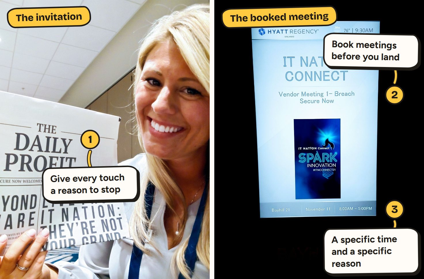 Tracie Crites holding The Daily Profit, a Breach Secure Now newspaper handout welcoming attendees to IT Nation Connect 2021; A meeting-room door sign at IT Nation Connect 2021 reading Vendor Meeting 1, Breach Secure Now. Marked on the photo: 1, Give every touch a reason to stop; 2, Book meetings before you land; 3, A specific time and a specific reason.